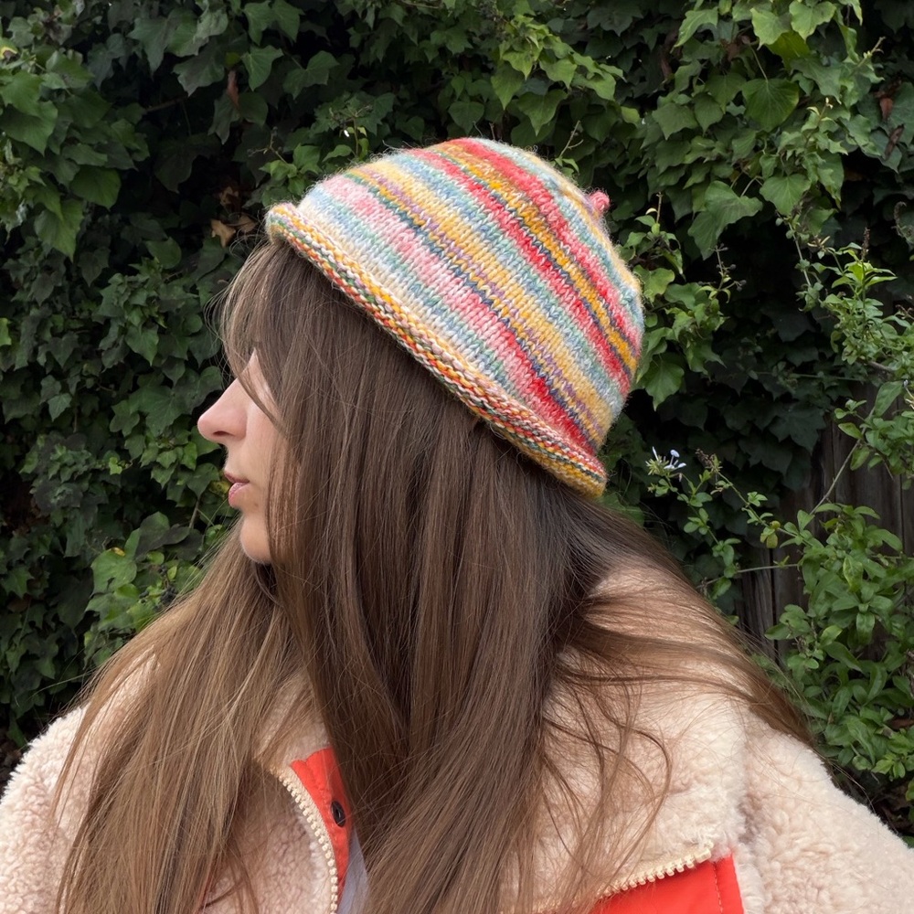Hand-Knit Colorful Sailor Beanie with Rolled Brim
